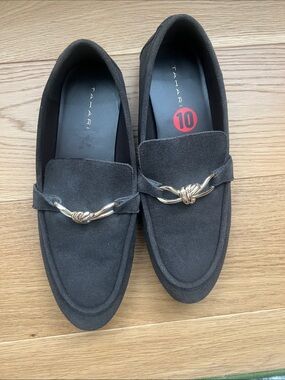 Tahari Women's Black Suede Loafers with Gold Knot Trim